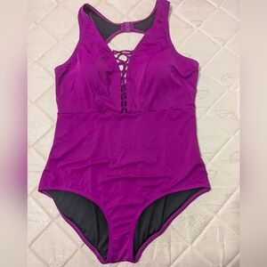 City Chic Lace-Up Look One Piece Swimsuit Womens M Swimsuit Magenta